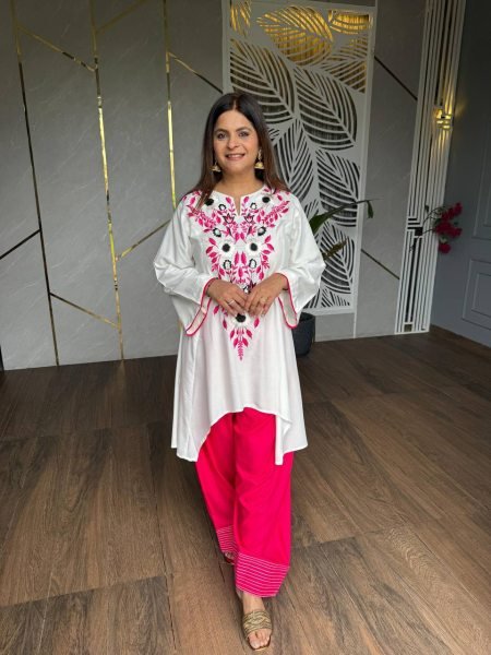 Unique White Pink Heavy Crepe Top with Farshi Salwar and Multi Needle Embroidery CO ORD Sets