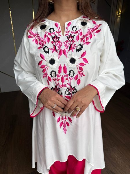 Unique White Pink Heavy Crepe Top with Farshi Salwar and Multi Needle Embroidery CO ORD Sets