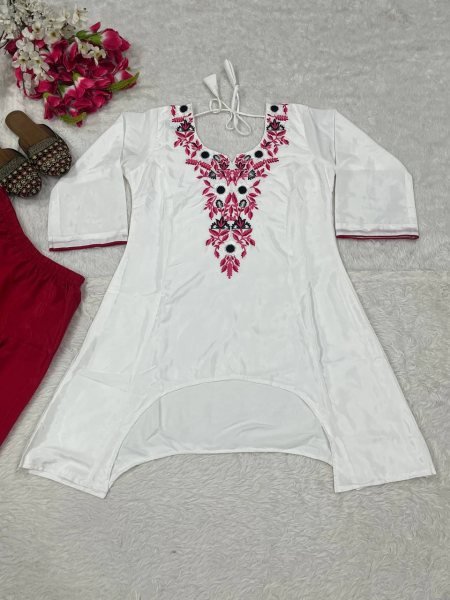 Unique White Pink Heavy Crepe Top with Farshi Salwar and Multi Needle Embroidery CO ORD Sets