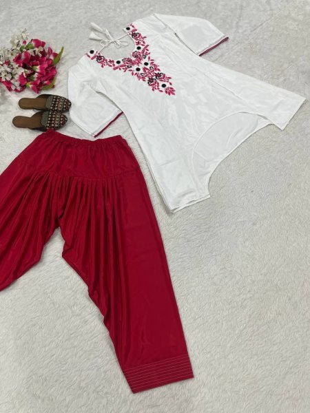 Unique White Pink Heavy Crepe Top with Farshi Salwar and Multi Needle Embroidery CO ORD Sets