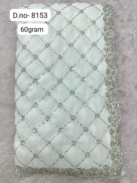 Unique White Saree with Full Embroidery and Heavy Border Look Georgette Sarees Wholesale