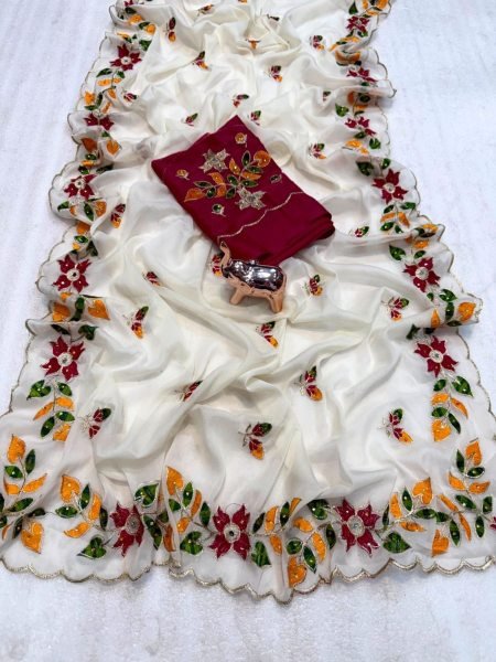 Unique White Shining Georgette Saree with Rich Embroidery and Diamond Work 