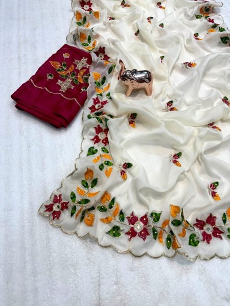 Unique White Shining Georgette Saree with Rich Embroidery and Diamond Work Georgette Sarees Wholesale