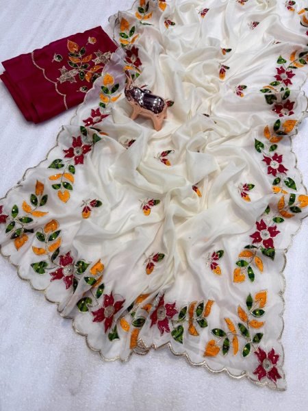 Unique White Shining Georgette Saree with Rich Embroidery and Diamond Work Georgette Sarees Wholesale