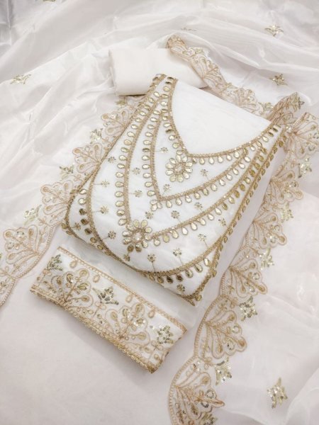 Unique White Wedding Special Fandy Satin Dress Material for Women Dress Material 