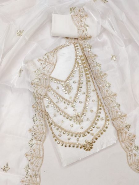 Unique White Wedding Special Fandy Satin Dress Material for Women Color Set Matching Dress Material Wholesale