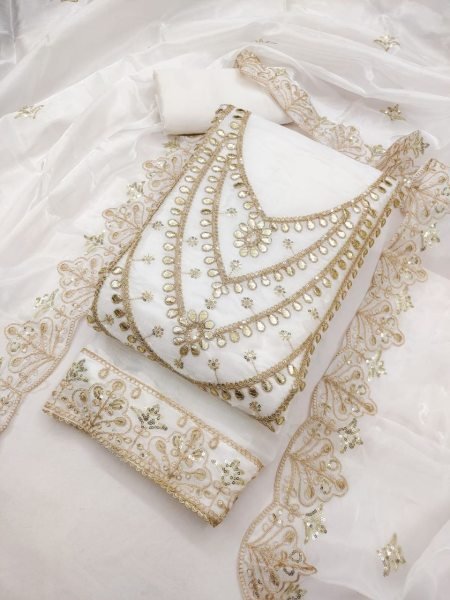 Unique White Wedding Special Fandy Satin Dress Material for Women Color Set Matching Dress Material Wholesale