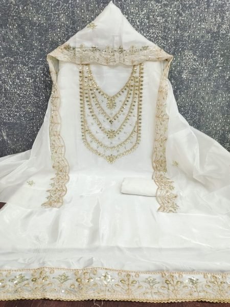 Unique White Wedding Special Fandy Satin Dress Material for Women Color Set Matching Dress Material Wholesale