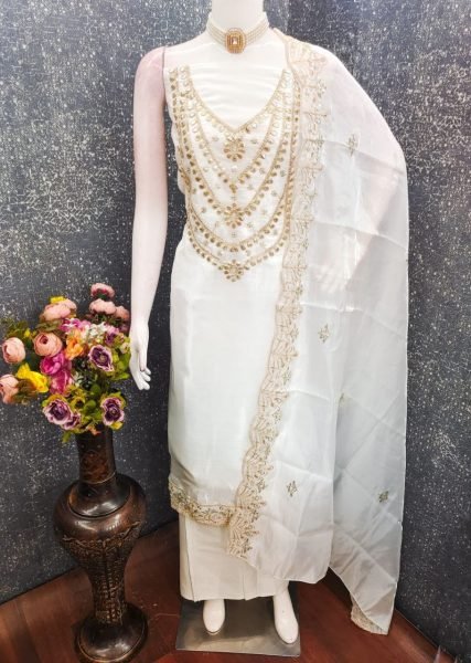 Unique White Wedding Special Fandy Satin Dress Material for Women Color Set Matching Dress Material Wholesale