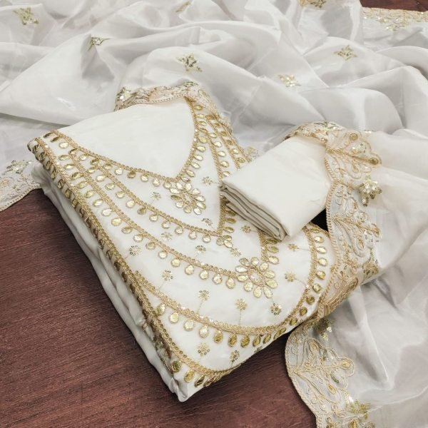 Unique White Wedding Special Fandy Satin Dress Material for Women Color Set Matching Dress Material Wholesale