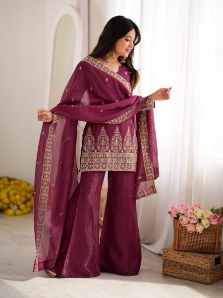 Unique Wine Crunchy Silk Kurta Pant Dupatta Set with Embroidery Work at Wholesale Rate Ready To Wear Suit