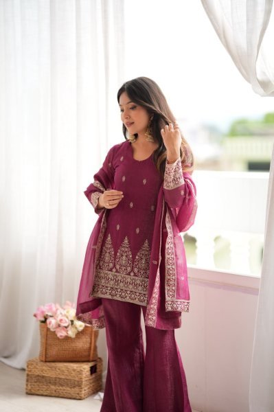 Unique Wine Crunchy Silk Kurta Pant Dupatta Set with Embroidery Work at Wholesale Rate Ready To Wear Collection