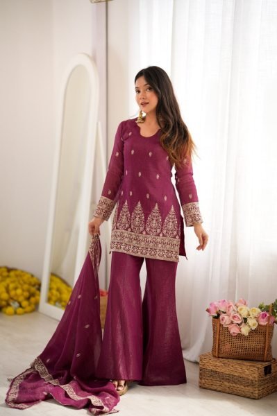 Unique Wine Crunchy Silk Kurta Pant Dupatta Set with Embroidery Work at Wholesale Rate Ready To Wear Collection