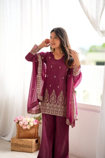 Unique Wine Crunchy Silk Kurta Pant Dupatta Set with Embroidery Work at Wholesale Rate Ready To Wear Collection