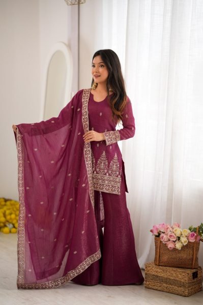 Unique Wine Crunchy Silk Kurta Pant Dupatta Set with Embroidery Work at Wholesale Rate Ready To Wear Collection