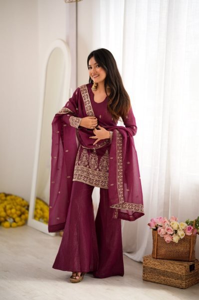 Unique Wine Crunchy Silk Kurta Pant Dupatta Set with Embroidery Work at Wholesale Rate Ready To Wear Collection