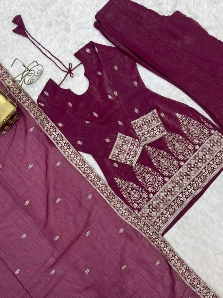 Unique Wine Crunchy Silk Kurta Pant Dupatta Set with Embroidery Work at Wholesale Rate Ready To Wear Collection