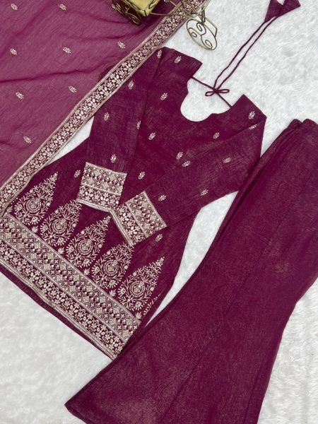 Unique Wine Crunchy Silk Kurta Pant Dupatta Set with Embroidery Work at Wholesale Rate Ready To Wear Collection