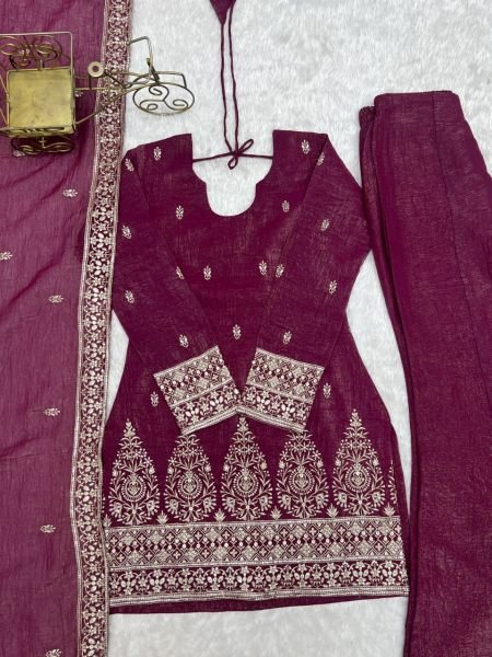 Unique Wine Crunchy Silk Kurta Pant Dupatta Set with Embroidery Work at Wholesale Rate Ready To Wear Collection