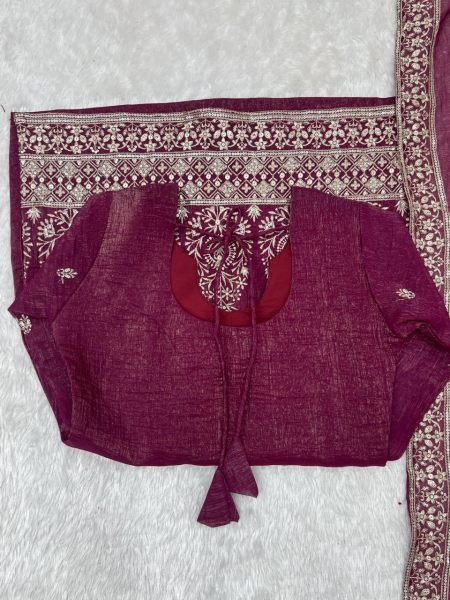 Unique Wine Crunchy Silk Kurta Pant Dupatta Set with Embroidery Work at Wholesale Rate Ready To Wear Collection
