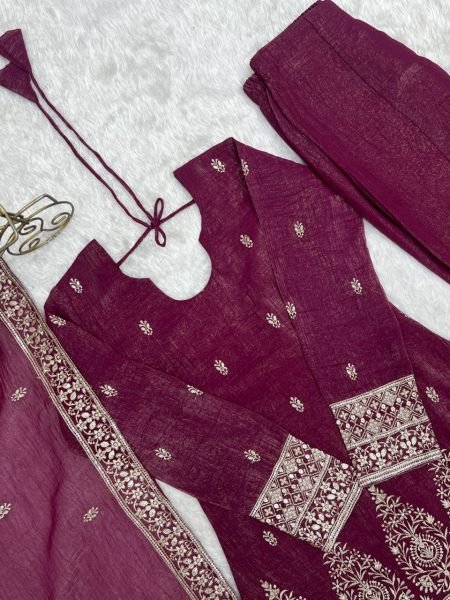 Unique Wine Crunchy Silk Kurta Pant Dupatta Set with Embroidery Work at Wholesale Rate Ready To Wear Collection