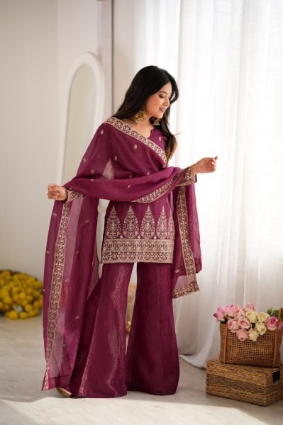 Unique Wine Crunchy Silk Kurta Pant Dupatta Set with Embroidery Work at Wholesale Rate Ready To Wear Collection