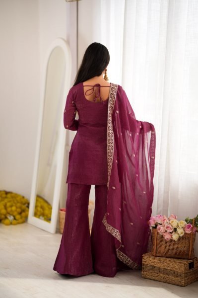 Unique Wine Crunchy Silk Kurta Pant Dupatta Set with Embroidery Work at Wholesale Rate Ready To Wear Collection