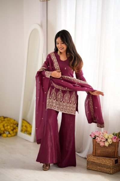 Unique Wine Crunchy Silk Kurta Pant Dupatta Set with Embroidery Work at Wholesale Rate Ready To Wear Collection
