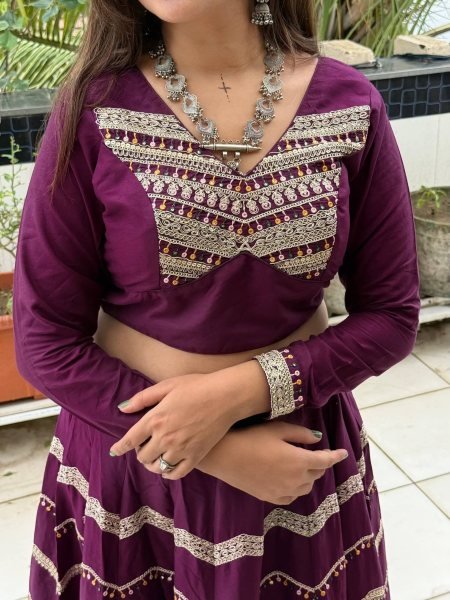 Unique Wine Pure Rayon Lehenga Choli with Heavy Embroidered Stitched Blouse Navratri Lehnega Choli