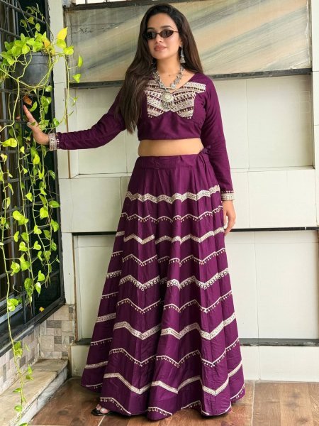 Unique Wine Pure Rayon Lehenga Choli with Heavy Embroidered Stitched Blouse Navratri Lehnega Choli