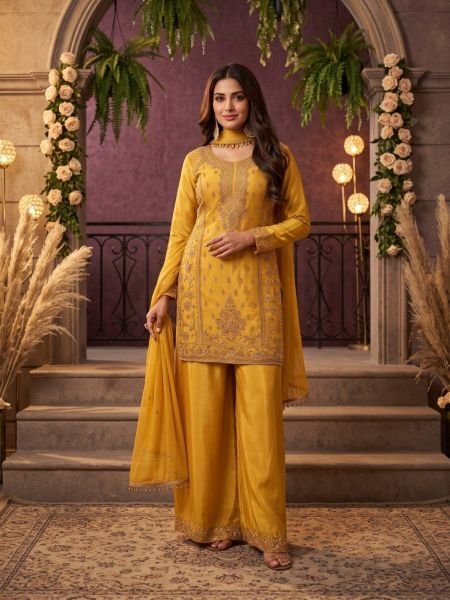 Unique Yellow Chinon Silk Palazzo Suit Set with Heavy Beads Work and Tassel Dupatta Salwar Kameez