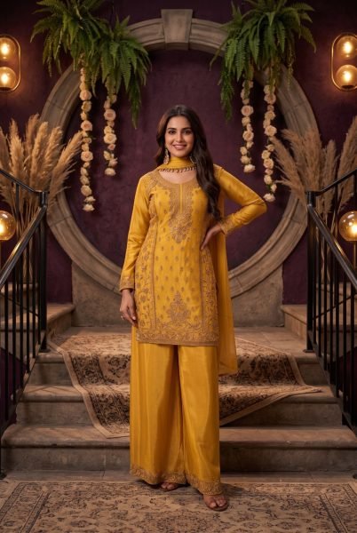 Unique Yellow Chinon Silk Palazzo Suit Set with Heavy Beads Work and Tassel Dupatta Designer Plazzo Salwar Suits Wholesale
