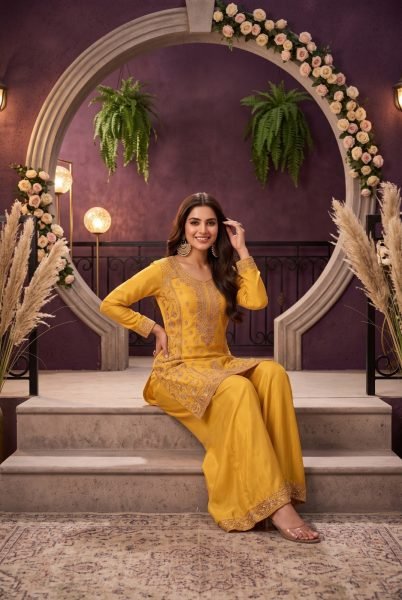 Unique Yellow Chinon Silk Palazzo Suit Set with Heavy Beads Work and Tassel Dupatta Designer Plazzo Salwar Suits Wholesale