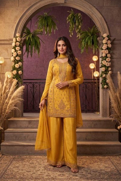 Unique Yellow Chinon Silk Palazzo Suit Set with Heavy Beads Work and Tassel Dupatta Designer Plazzo Salwar Suits Wholesale