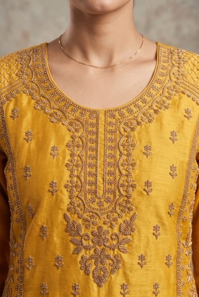 Unique Yellow Chinon Silk Palazzo Suit Set with Heavy Beads Work and Tassel Dupatta Designer Plazzo Salwar Suits Wholesale