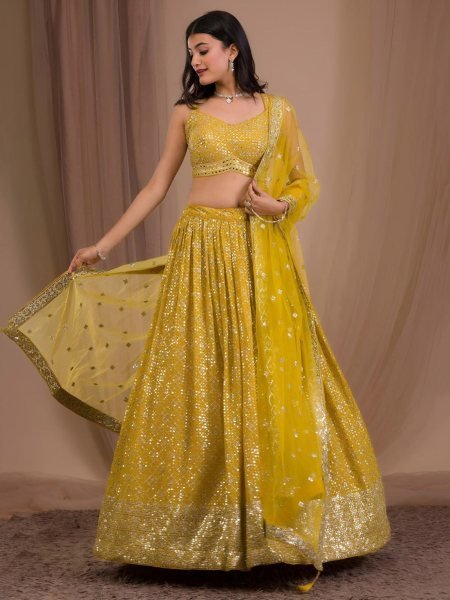 Unique Yellow Georgette Party Wear Lehenga Choli with Heavy Zari Sequins Embroidery  Lehenga