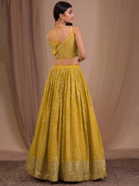 Unique Yellow Georgette Party Wear Lehenga Choli with Heavy Zari Sequins Embroidery Bridal Lehenga Choli