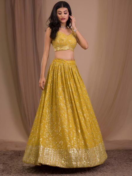 Unique Yellow Georgette Party Wear Lehenga Choli with Heavy Zari Sequins Embroidery Bridal Lehenga Choli