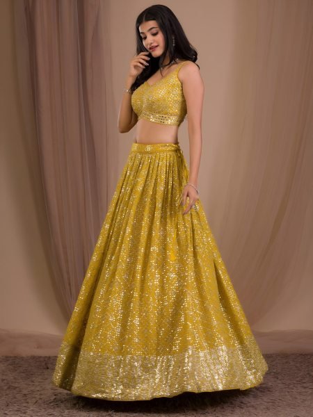 Unique Yellow Georgette Party Wear Lehenga Choli with Heavy Zari Sequins Embroidery Bridal Lehenga Choli