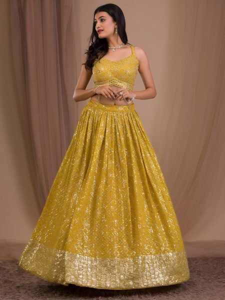 Unique Yellow Georgette Party Wear Lehenga Choli with Heavy Zari Sequins Embroidery Bridal Lehenga Choli