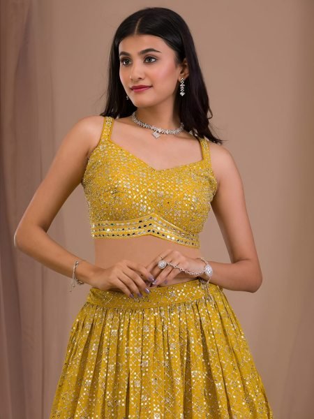 Unique Yellow Georgette Party Wear Lehenga Choli with Heavy Zari Sequins Embroidery Bridal Lehenga Choli