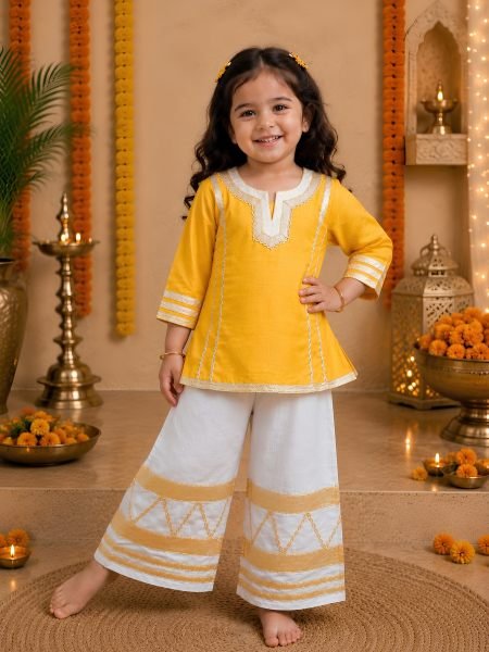 Unique Yellow Girls Ethnic Palazzo Set with Cotton Blend Fabric for Wholesale  Kurtis