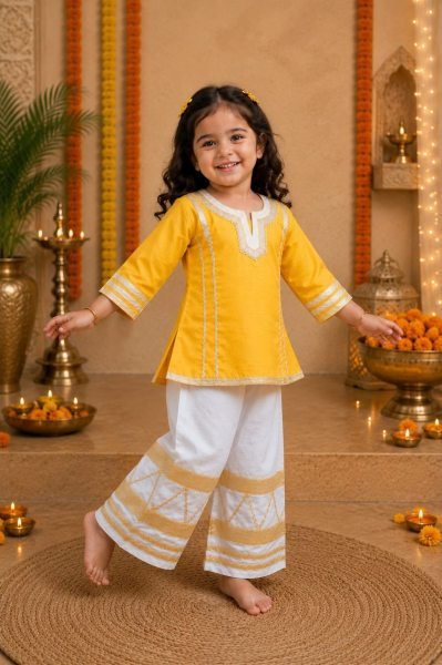 Unique Yellow Girls Ethnic Palazzo Set with Cotton Blend Fabric for Wholesale  Girls Wear