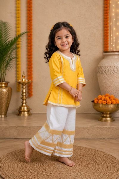 Unique Yellow Girls Ethnic Palazzo Set with Cotton Blend Fabric for Wholesale  Girls Wear