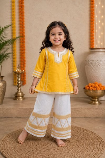 Unique Yellow Girls Ethnic Palazzo Set with Cotton Blend Fabric for Wholesale  Girls Wear