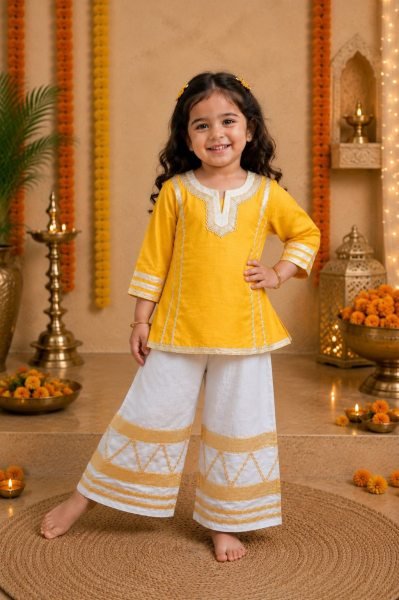 Unique Yellow Girls Ethnic Palazzo Set with Cotton Blend Fabric for Wholesale  Girls Wear