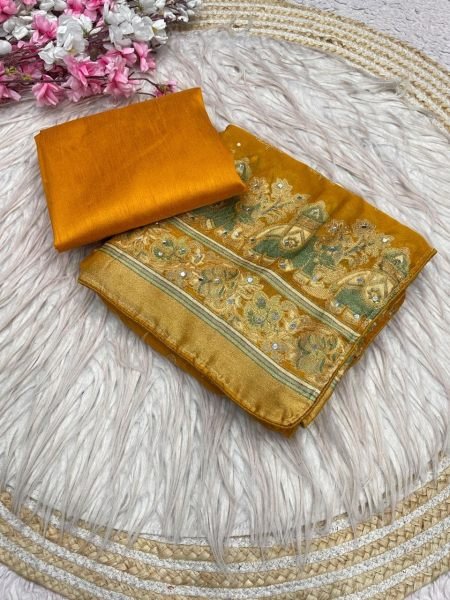 Unique Yellow Party Wear Massmeelo Brrosso Saree with Unstitched Blouse Designer Wedding Sarees Wholesale
