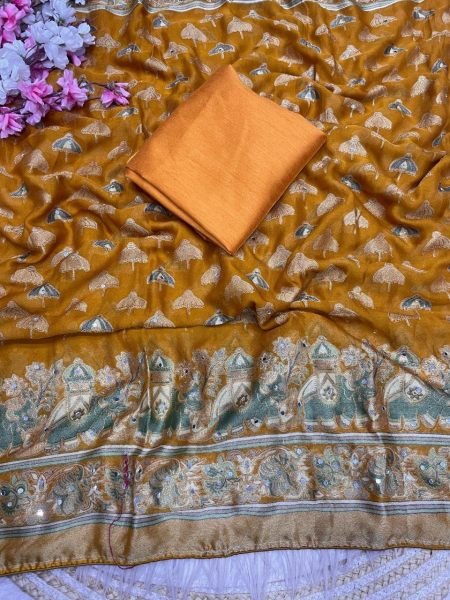 Unique Yellow Party Wear Massmeelo Brrosso Saree with Unstitched Blouse Designer Wedding Sarees Wholesale