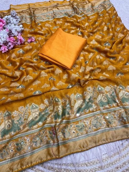 Unique Yellow Party Wear Massmeelo Brrosso Saree with Unstitched Blouse Designer Wedding Sarees Wholesale
