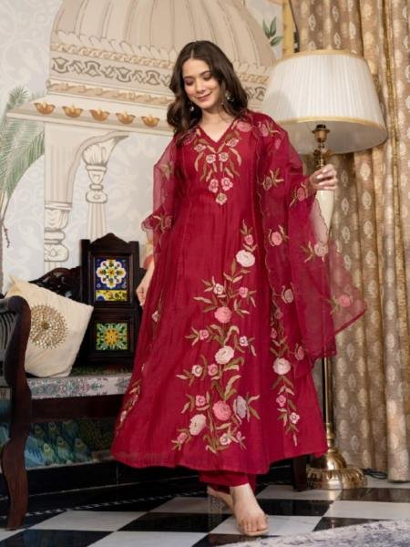 Unmatched Burgundy Color Muslin Embroidered Kurta Set with Dupatta 